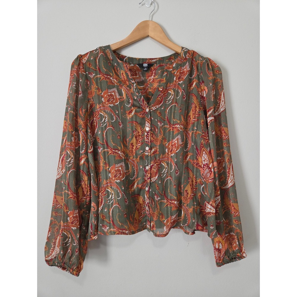 Frye Womens Olive Orange Paisley Metallic Lurex Button Down Blouse Top Medium